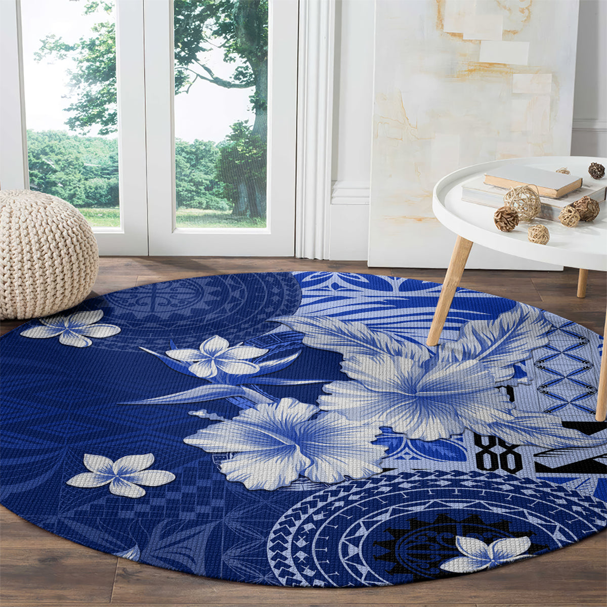 Samoa Siapo Pattern With Navy Hibiscus Round Carpet