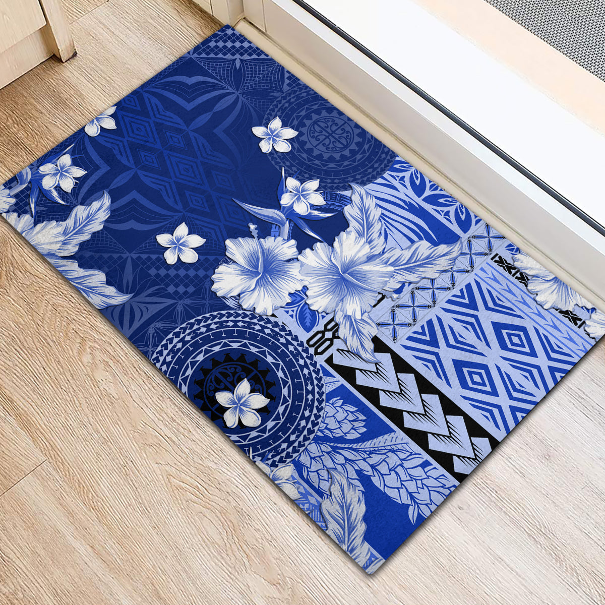 Samoa Siapo Pattern With Navy Hibiscus Rubber Doormat LT05 - Polynesian Pride