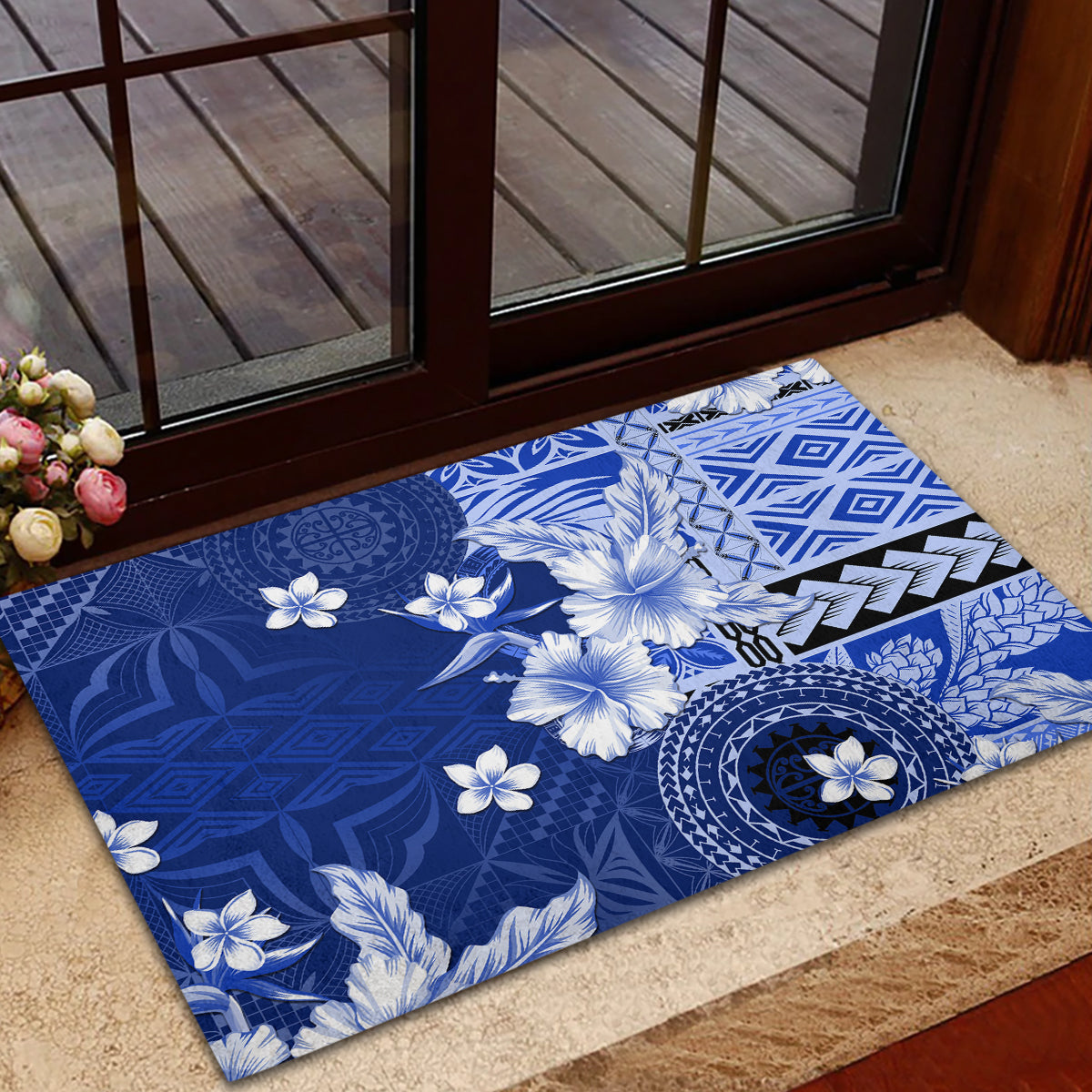 Samoa Siapo Pattern With Navy Hibiscus Rubber Doormat LT05 - Polynesian Pride