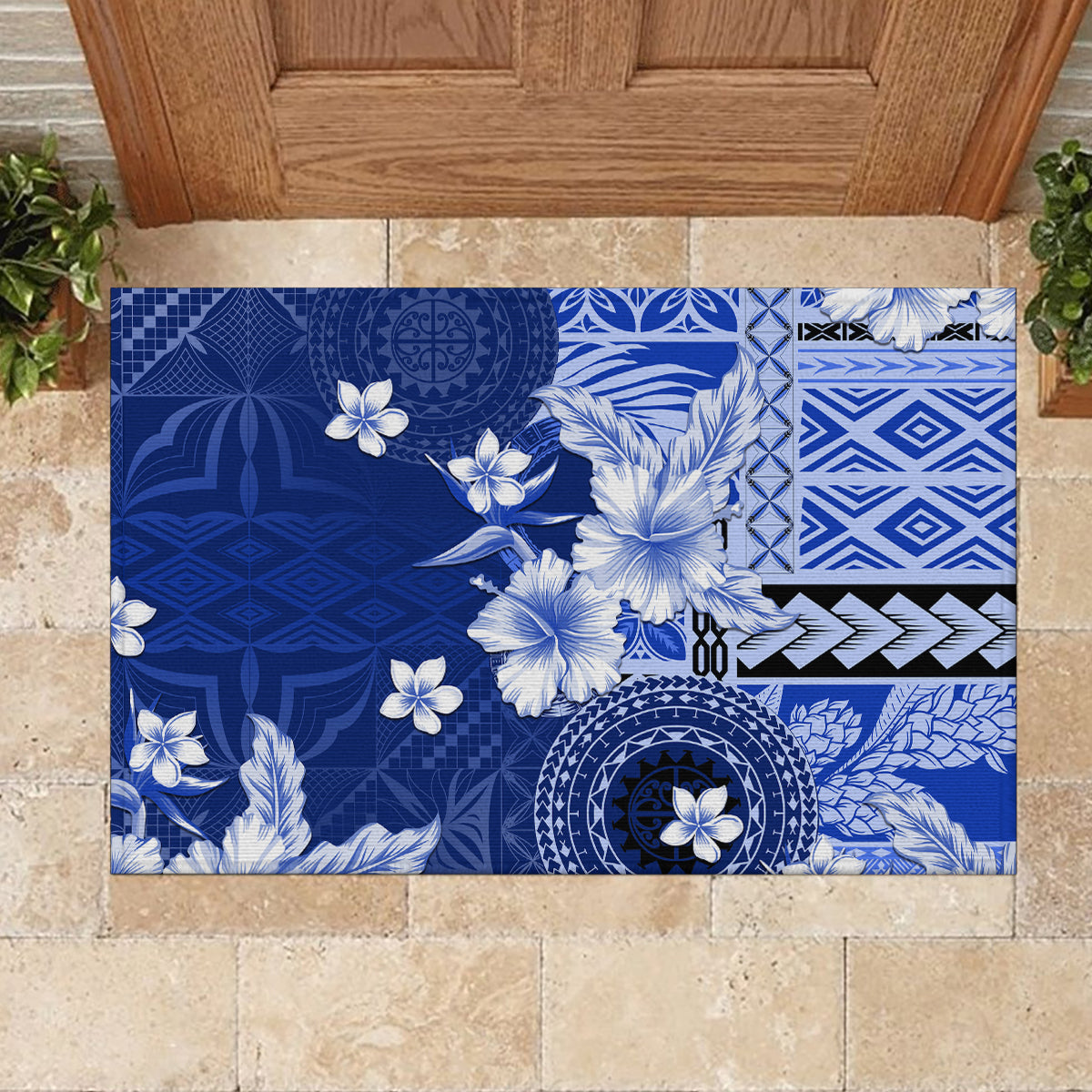 Samoa Siapo Pattern With Navy Hibiscus Rubber Doormat LT05 - Polynesian Pride