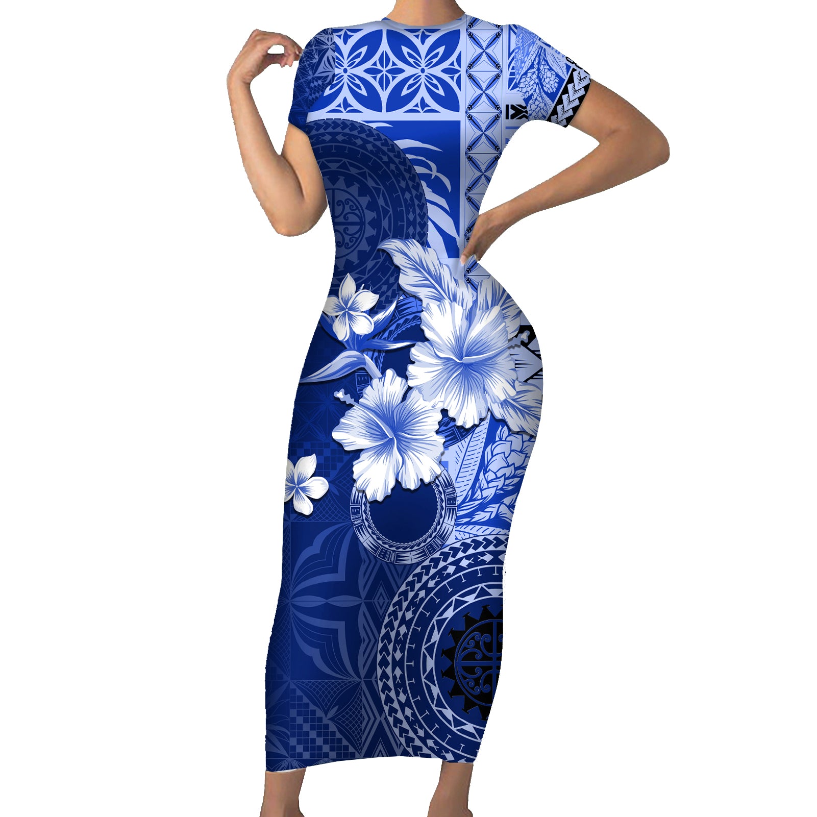 Samoa Siapo Pattern With Navy Hibiscus Short Sleeve Bodycon Dress LT05 Long Dress Navy - Polynesian Pride