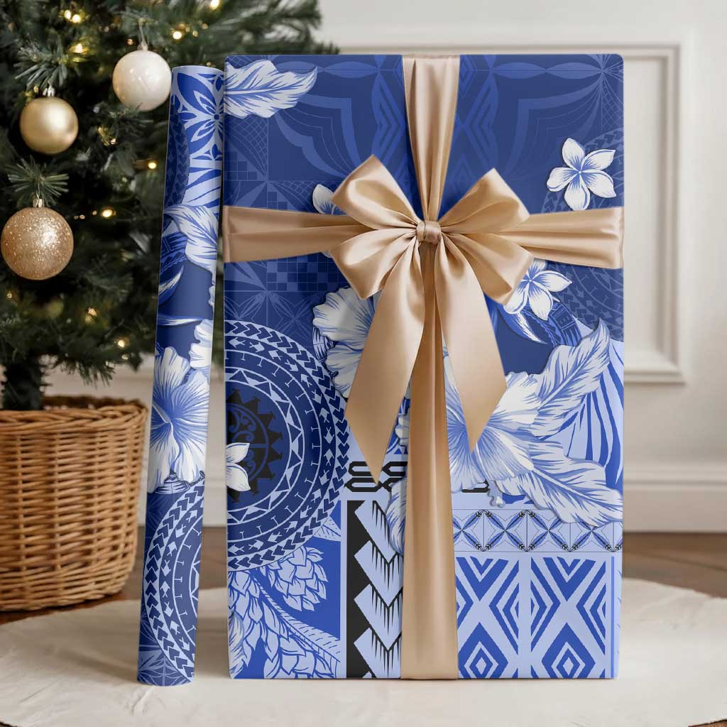 Samoa Siapo Pattern With Navy Hibiscus Wrapping Paper - Polynesian Pride