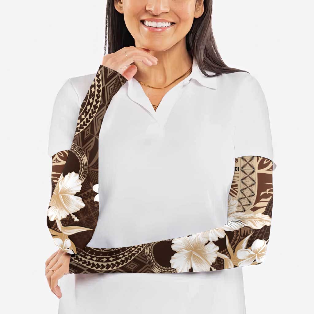 Samoa Siapo Pattern With Brown Hibiscus Arm Sleeves - Polynesian Pride