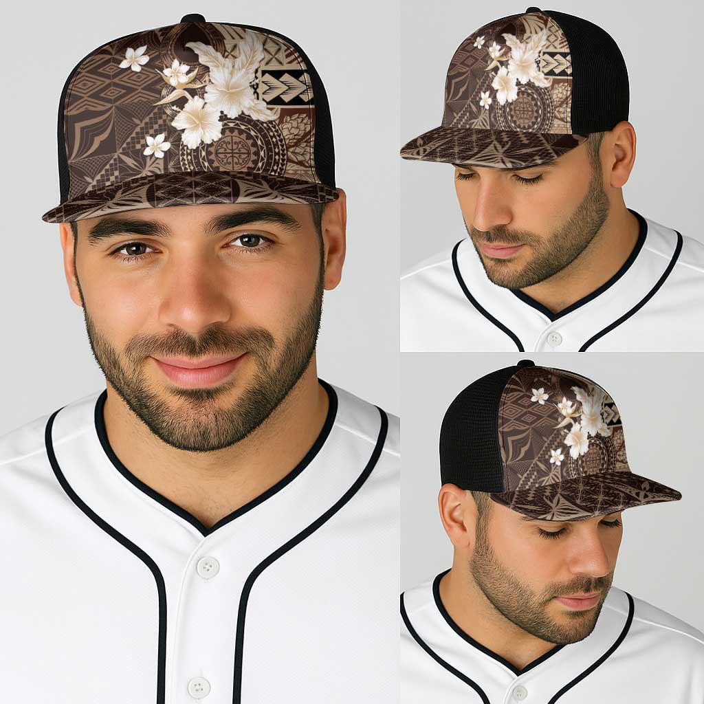 Samoa Siapo Pattern With Brown Hibiscus Baseball Net Cap - Polynesian Pride