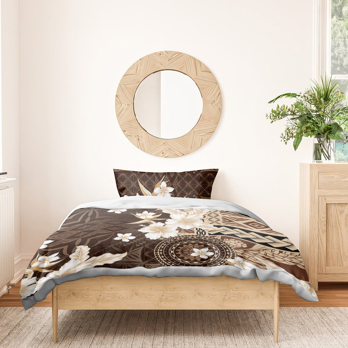 Samoa Siapo Pattern With Brown Hibiscus Bedding Set