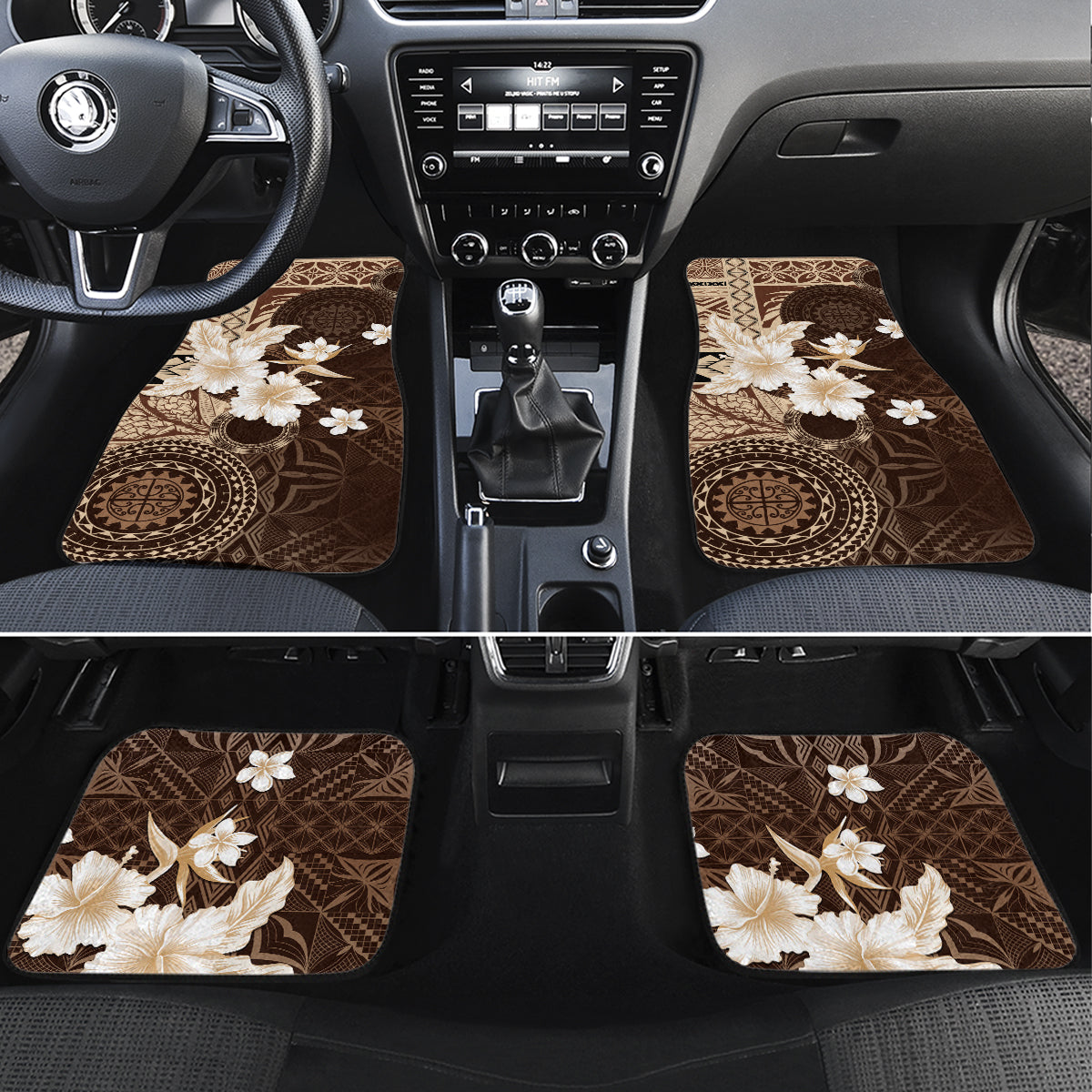 Samoa Siapo Pattern With Brown Hibiscus Car Mats LT05 Set 4pcs Brown - Polynesian Pride