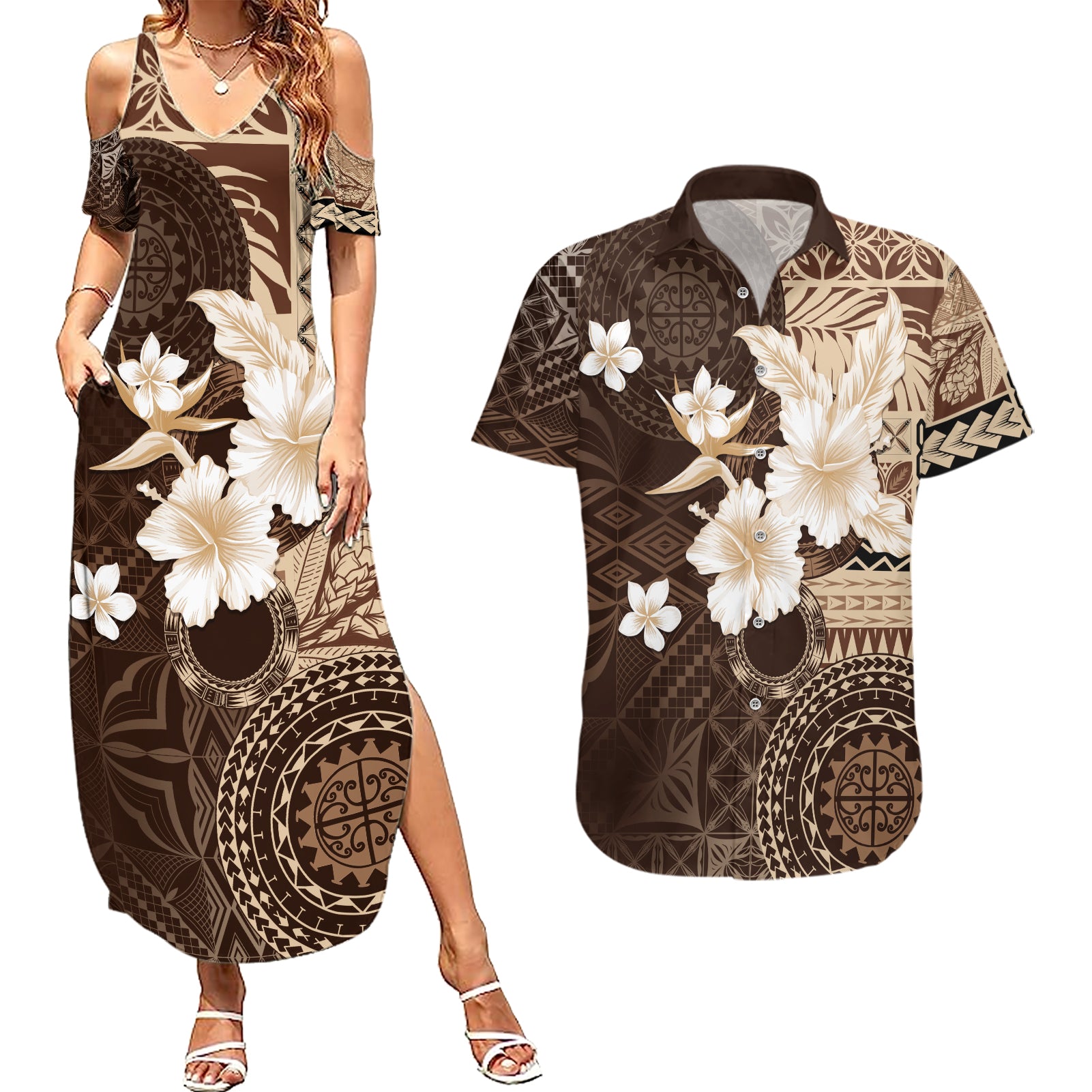 Samoa Siapo Pattern With Brown Hibiscus Couples Matching Summer Maxi Dress and Hawaiian Shirt LT05 Brown - Polynesian Pride