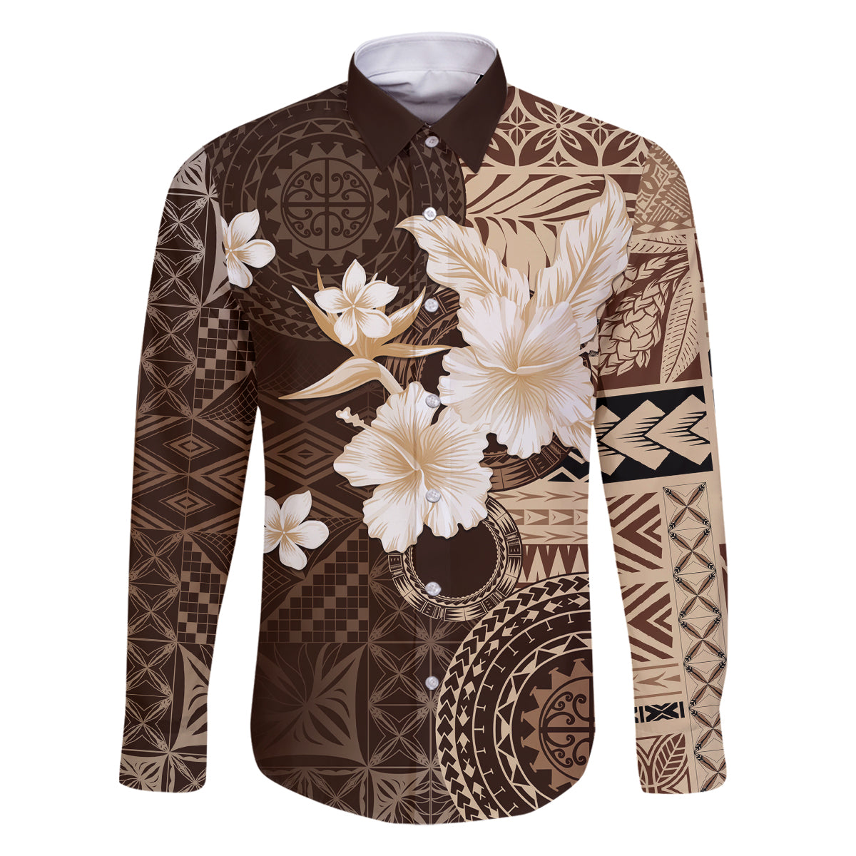 Samoa Siapo Pattern With Brown Hibiscus Family Matching Long Sleeve Bodycon Dress and Hawaiian Shirt LT05 Dad's Shirt - Long Sleeve Brown - Polynesian Pride