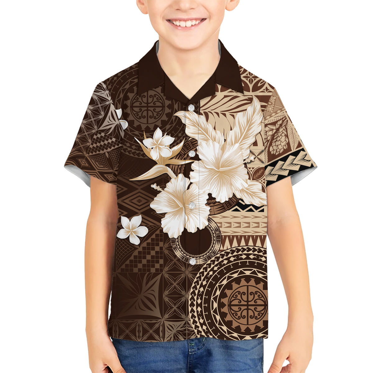 Samoa Siapo Pattern With Brown Hibiscus Family Matching Short Sleeve Bodycon Dress and Hawaiian Shirt LT05 Son's Shirt Brown - Polynesian Pride