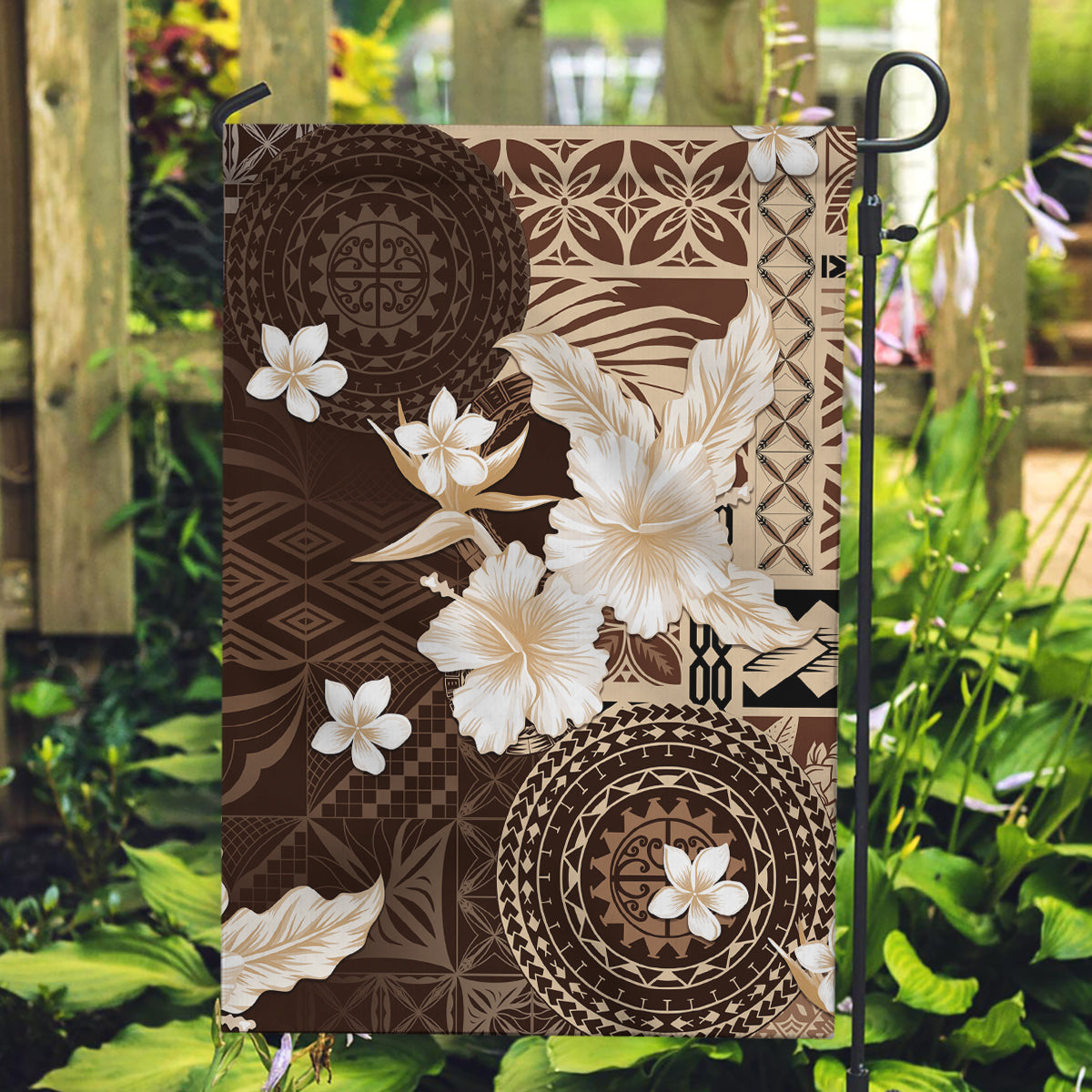Samoa Siapo Pattern With Brown Hibiscus Garden Flag