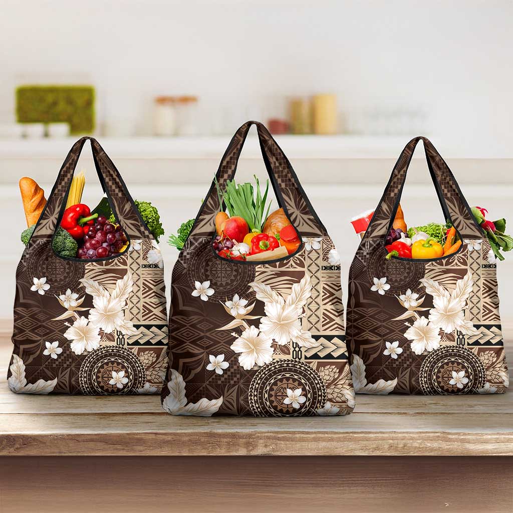 Samoa Siapo Pattern With Brown Hibiscus Grocery Bag