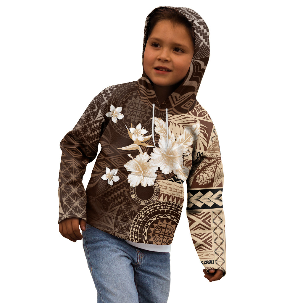 Samoa Siapo Pattern With Brown Hibiscus Kid Hoodie LT05 - Polynesian Pride