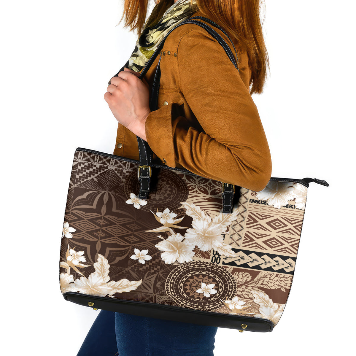 Samoa Siapo Pattern With Brown Hibiscus Leather Tote Bag LT05 Brown - Polynesian Pride