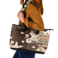 Samoa Siapo Pattern With Brown Hibiscus Leather Tote Bag LT05 Brown - Polynesian Pride