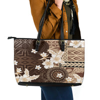 Samoa Siapo Pattern With Brown Hibiscus Leather Tote Bag LT05 - Polynesian Pride