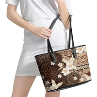 Samoa Siapo Pattern With Brown Hibiscus Leather Tote Bag LT05 - Polynesian Pride