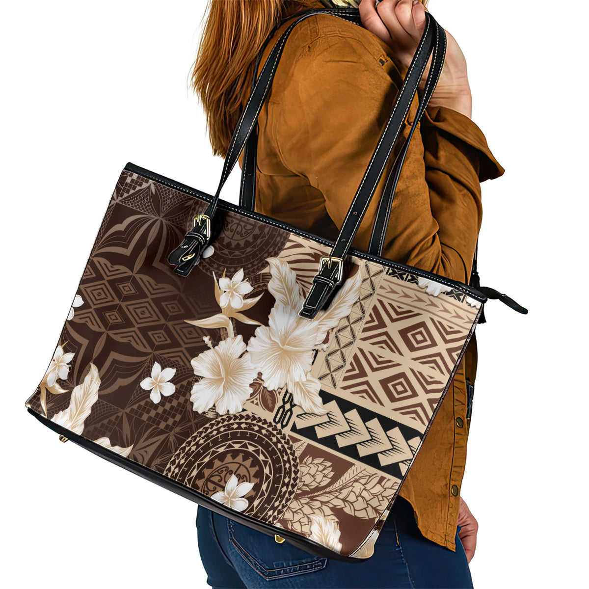 Samoa Siapo Pattern With Brown Hibiscus Leather Tote Bag LT05 - Polynesian Pride