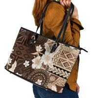Samoa Siapo Pattern With Brown Hibiscus Leather Tote Bag LT05 - Polynesian Pride