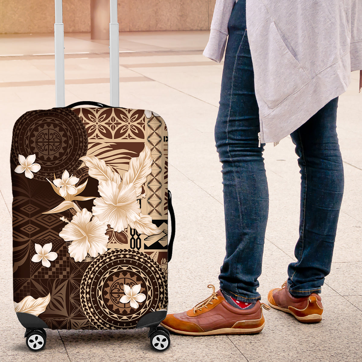 Samoa Siapo Pattern With Brown Hibiscus Luggage Cover LT05 Brown - Polynesian Pride