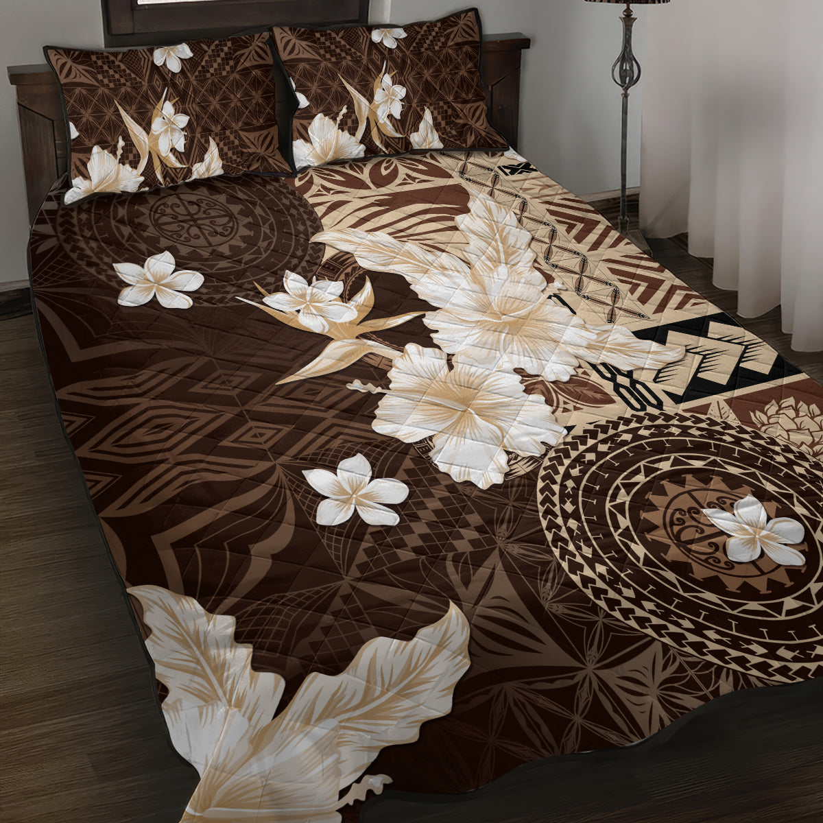 Samoa Siapo Pattern With Brown Hibiscus Quilt Bed Set LT05 Brown - Polynesian Pride