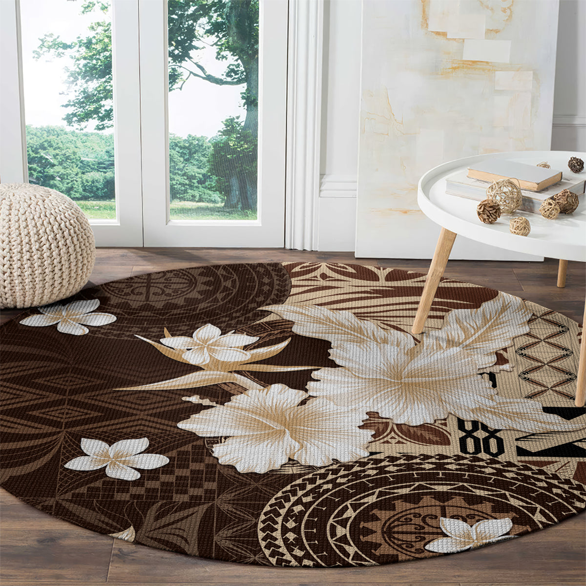 Samoa Siapo Pattern With Brown Hibiscus Round Carpet