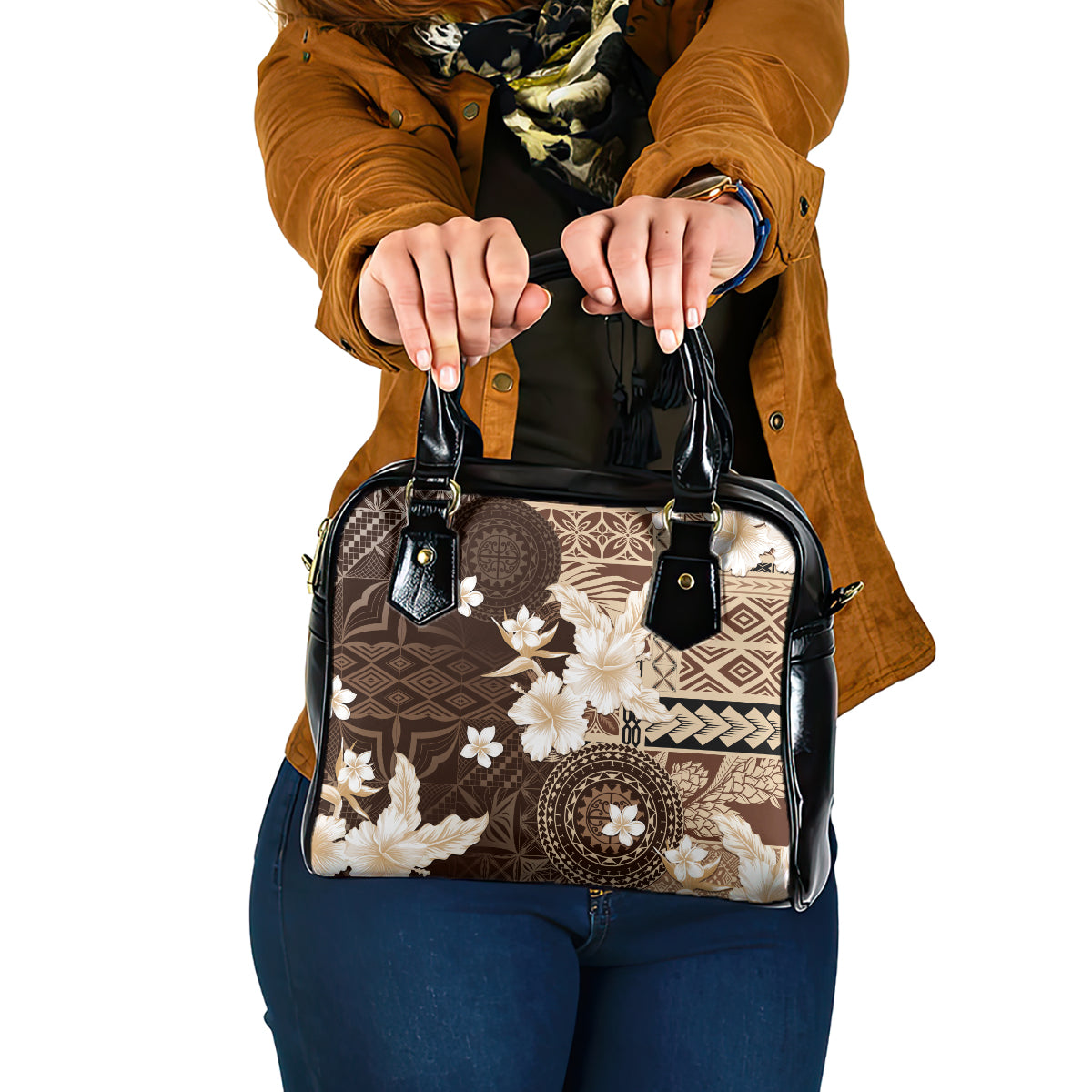 Samoa Siapo Pattern With Brown Hibiscus Shoulder Handbag LT05 One Size Brown - Polynesian Pride