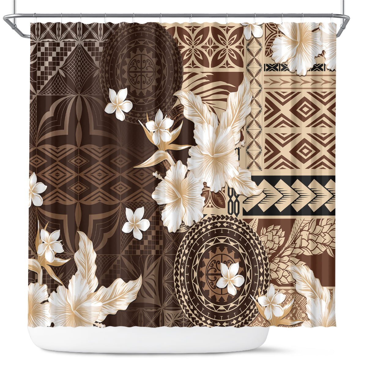 Samoa Siapo Pattern With Brown Hibiscus Shower Curtain LT05 Brown - Polynesian Pride