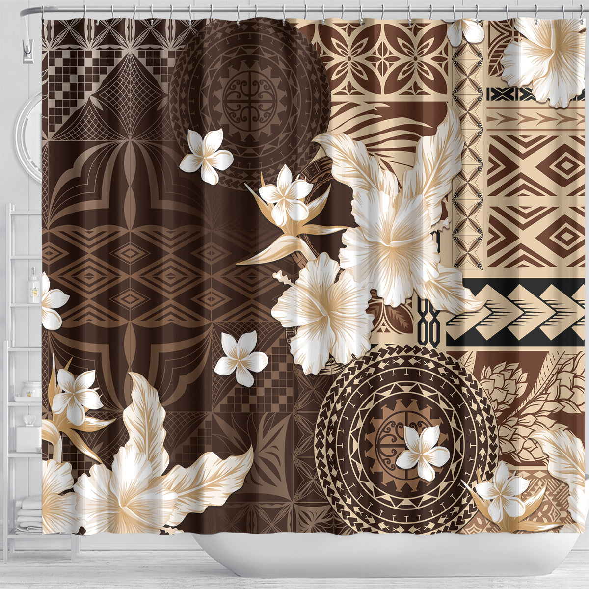 Samoa Siapo Pattern With Brown Hibiscus Shower Curtain