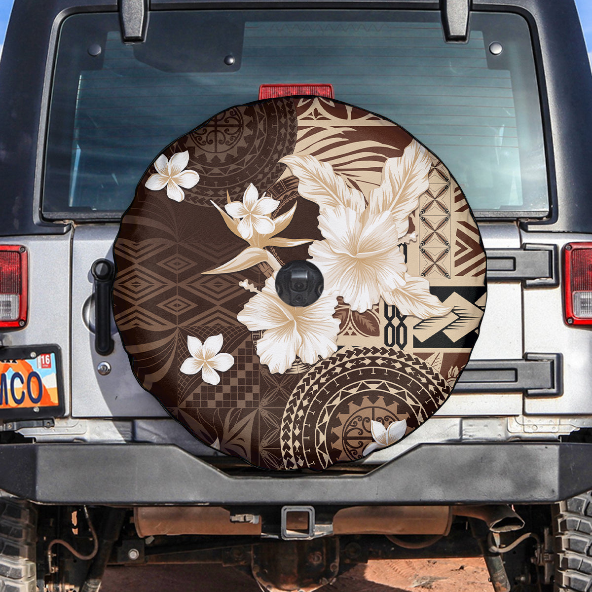 Samoa Siapo Pattern With Brown Hibiscus Spare Tire Cover LT05 Brown - Polynesian Pride