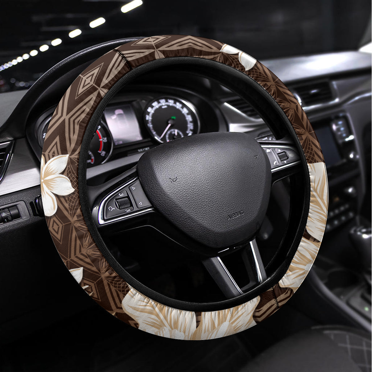 Samoa Siapo Pattern With Brown Hibiscus Steering Wheel Cover LT05 Universal Fit Brown - Polynesian Pride