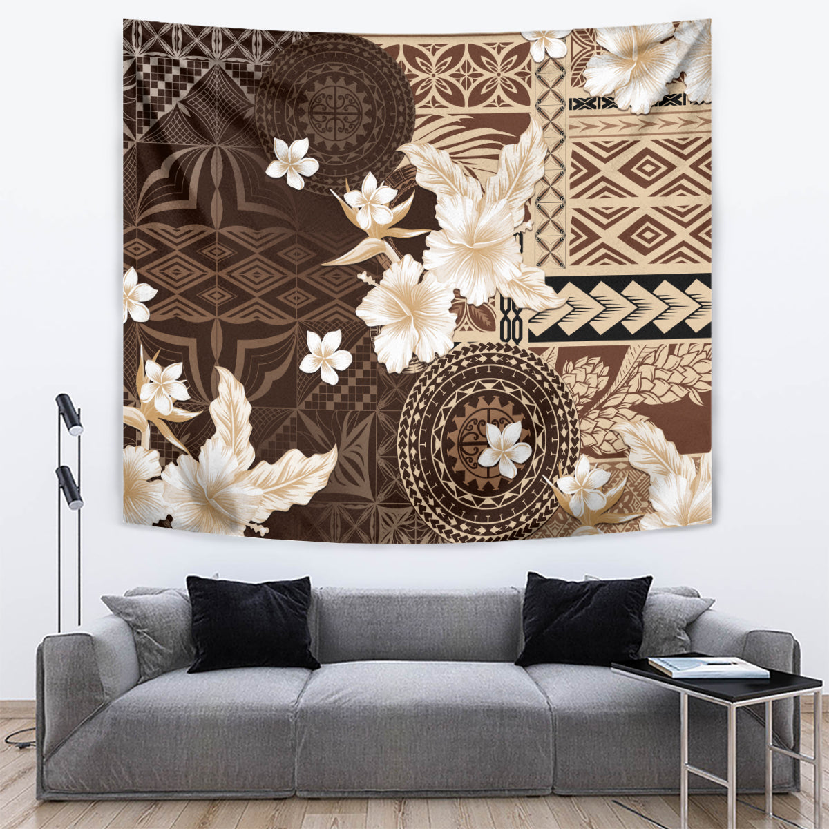 Samoa Siapo Pattern With Brown Hibiscus Tapestry LT05 Brown - Polynesian Pride