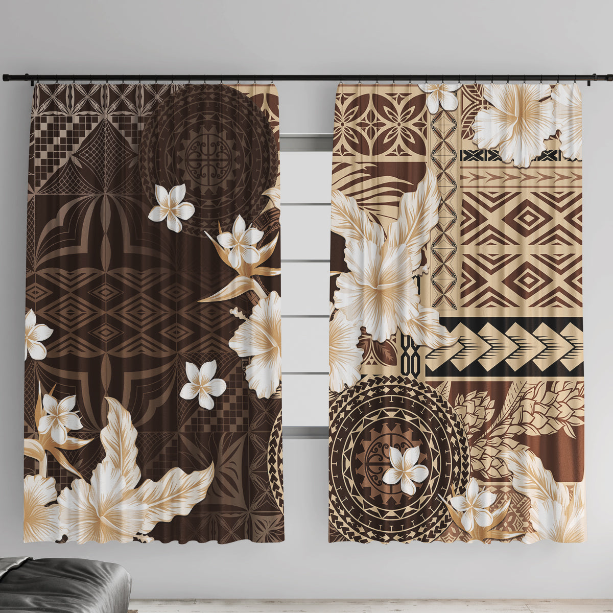 Samoa Siapo Pattern With Brown Hibiscus Window Curtain LT05 With Hooks Brown - Polynesian Pride