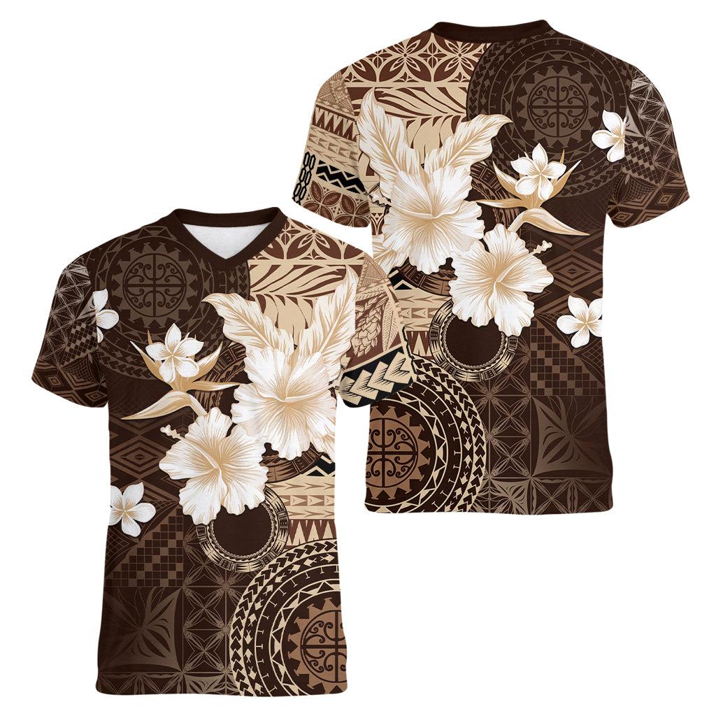 Samoa Siapo Pattern With Brown Hibiscus Women V Neck T Shirt LT05 - Polynesian Pride