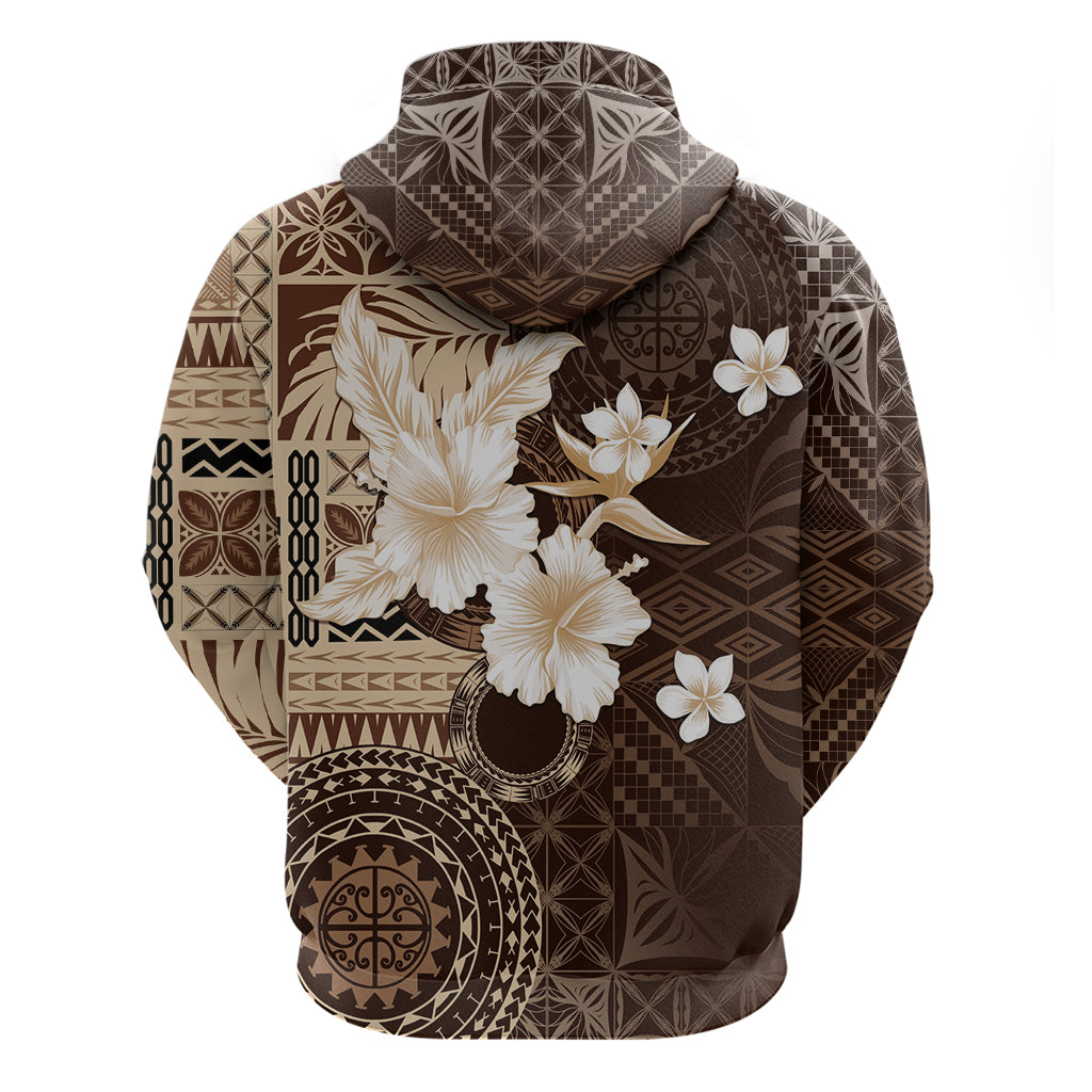 Samoa Siapo Pattern With Brown Hibiscus Zip Hoodie LT05 - Polynesian Pride