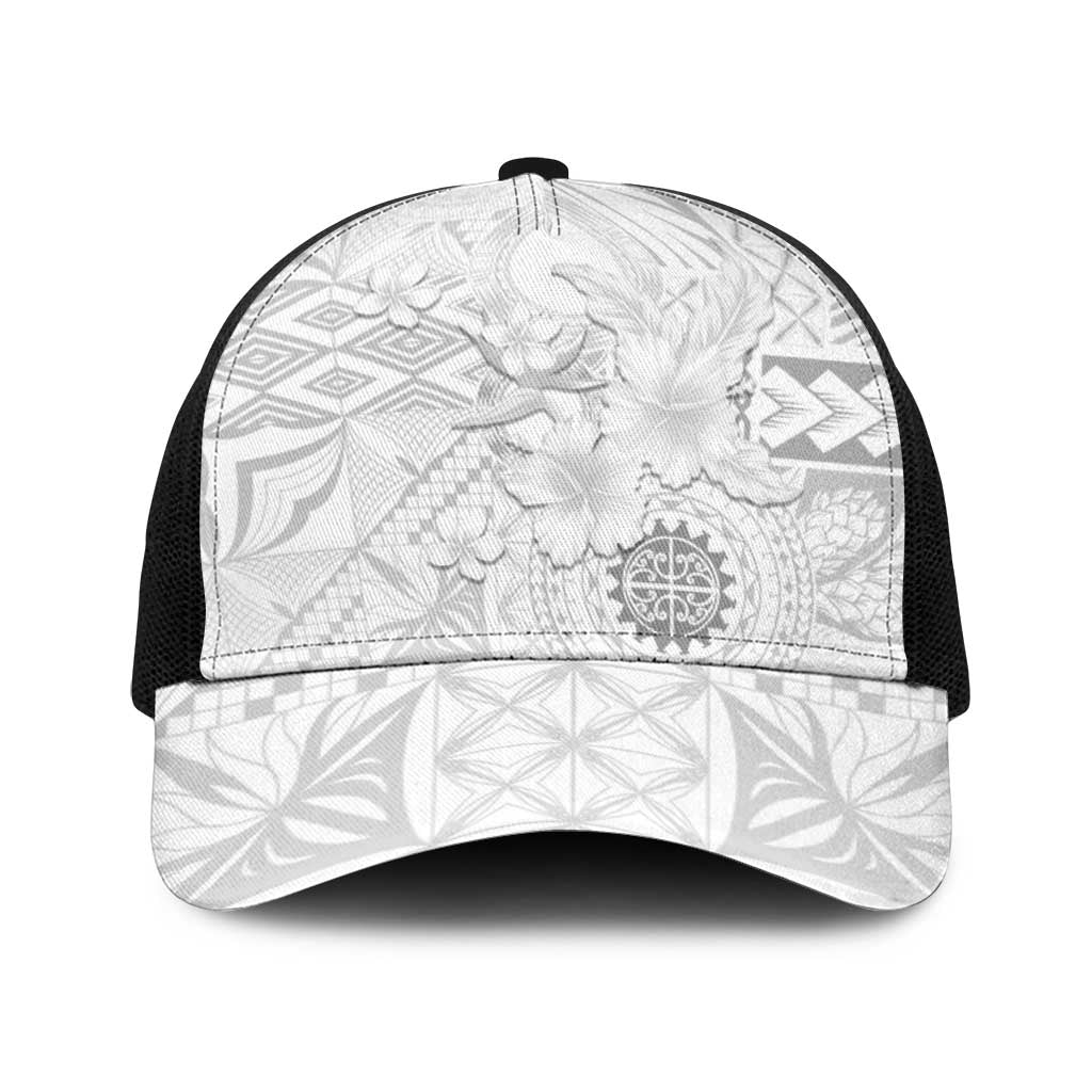 Samoa Siapo Pattern With White Hibiscus Baseball Net Cap - Polynesian Pride