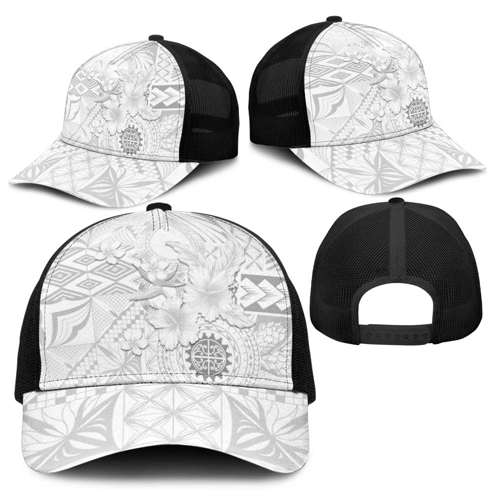 Samoa Siapo Pattern With White Hibiscus Baseball Net Cap - Polynesian Pride