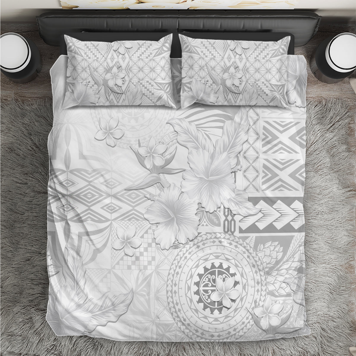 Samoa Siapo Pattern With White Hibiscus Bedding Set