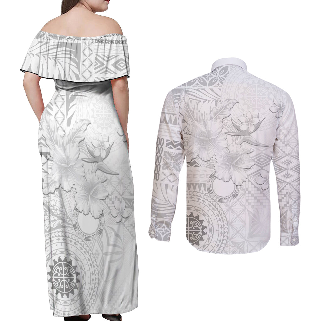 Samoa Siapo Pattern With White Hibiscus Couples Matching Off Shoulder Maxi Dress and Long Sleeve Button Shirt LT05 - Polynesian Pride