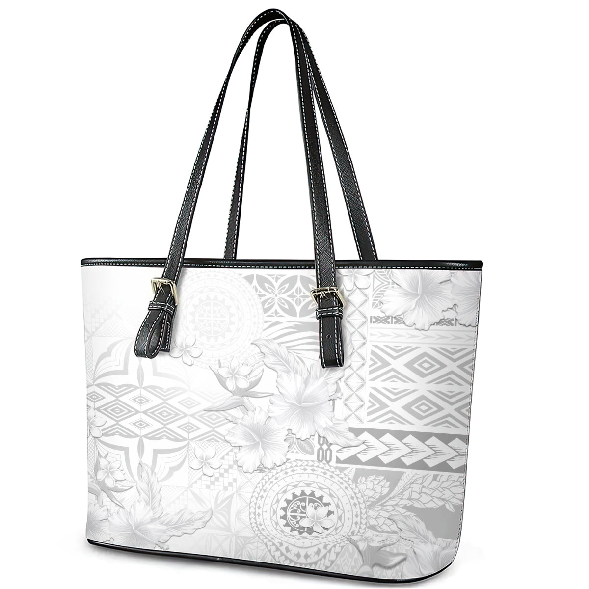 Samoa Siapo Pattern With White Hibiscus Leather Tote Bag LT05 - Polynesian Pride