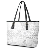Samoa Siapo Pattern With White Hibiscus Leather Tote Bag LT05 - Polynesian Pride