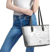 Samoa Siapo Pattern With White Hibiscus Leather Tote Bag LT05 - Polynesian Pride