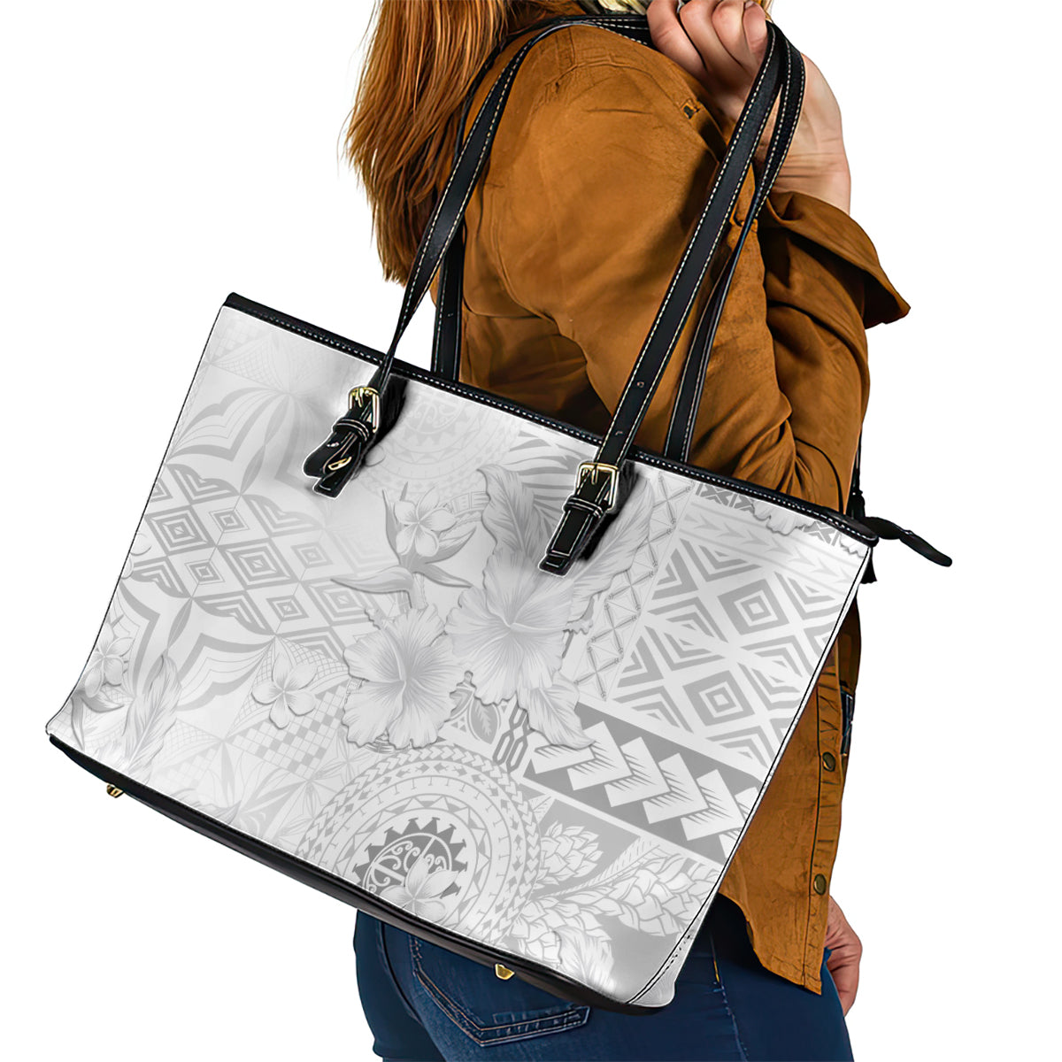 Samoa Siapo Pattern With White Hibiscus Leather Tote Bag LT05 - Polynesian Pride