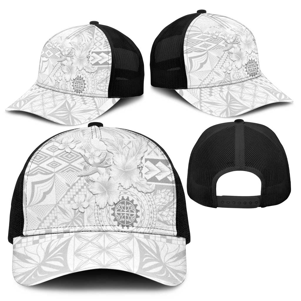 Samoa Siapo Pattern With White Hibiscus Mesh Trucker Cap - Polynesian Pride