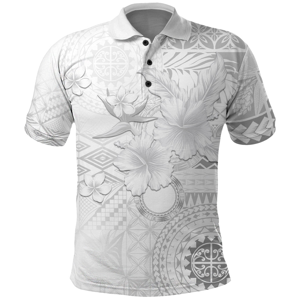 Samoa Siapo Pattern With White Hibiscus Polo Shirt LT05 White - Polynesian Pride