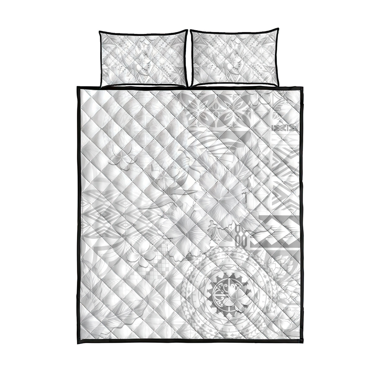 Samoa Siapo Pattern With White Hibiscus Quilt Bed Set