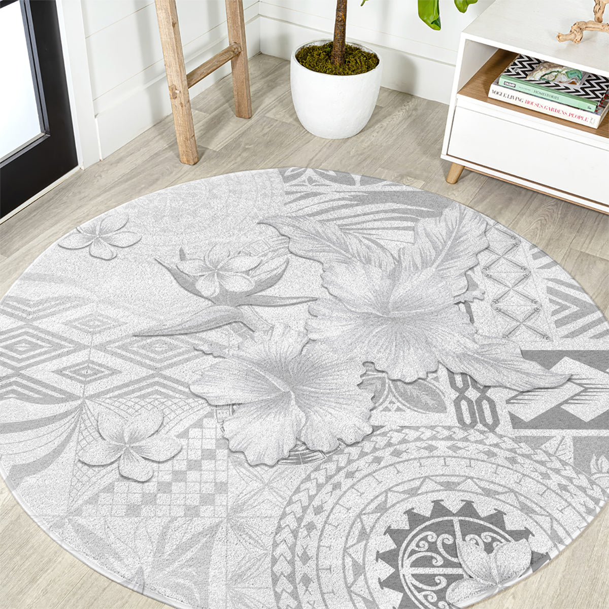 Samoa Siapo Pattern With White Hibiscus Round Carpet