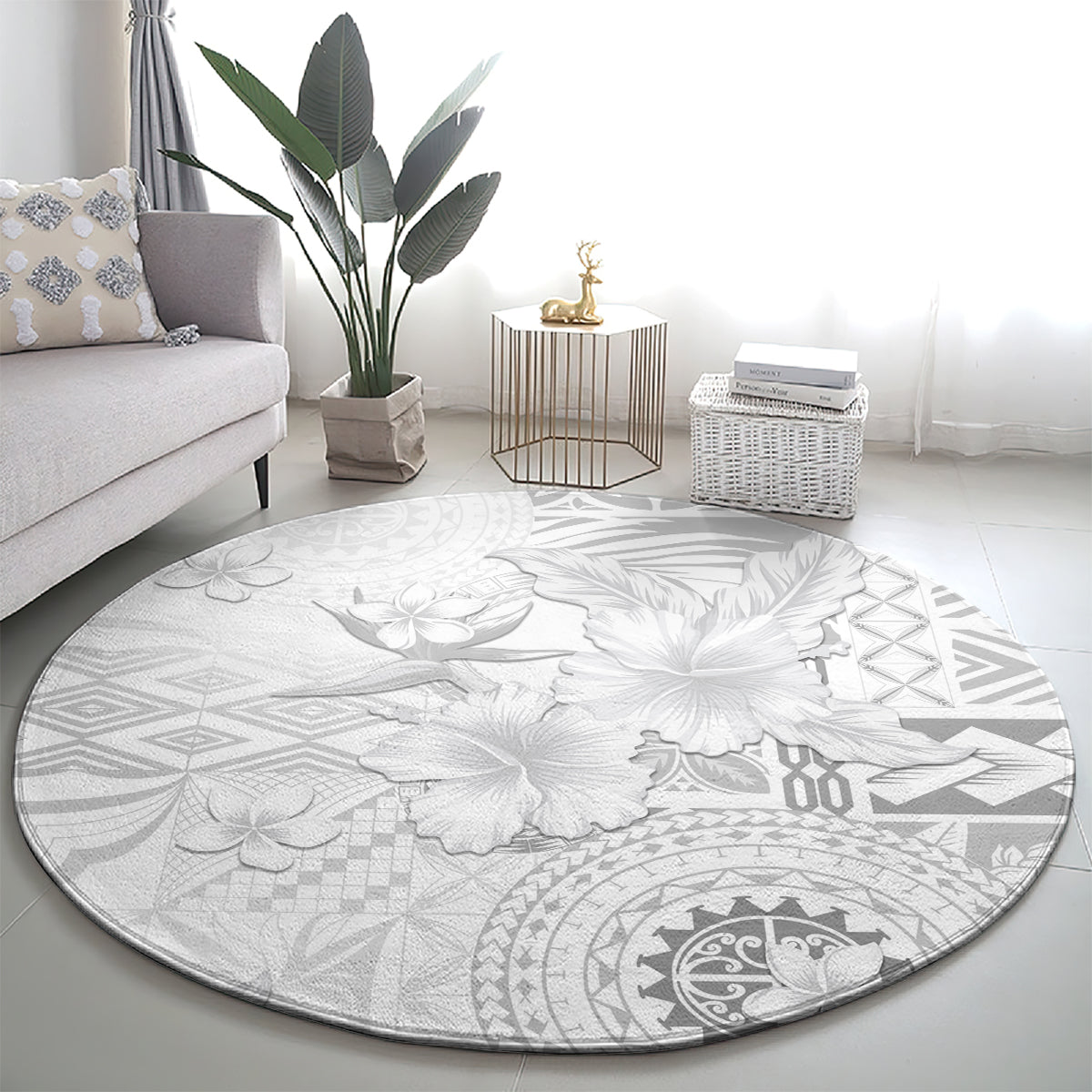 Samoa Siapo Pattern With White Hibiscus Round Carpet