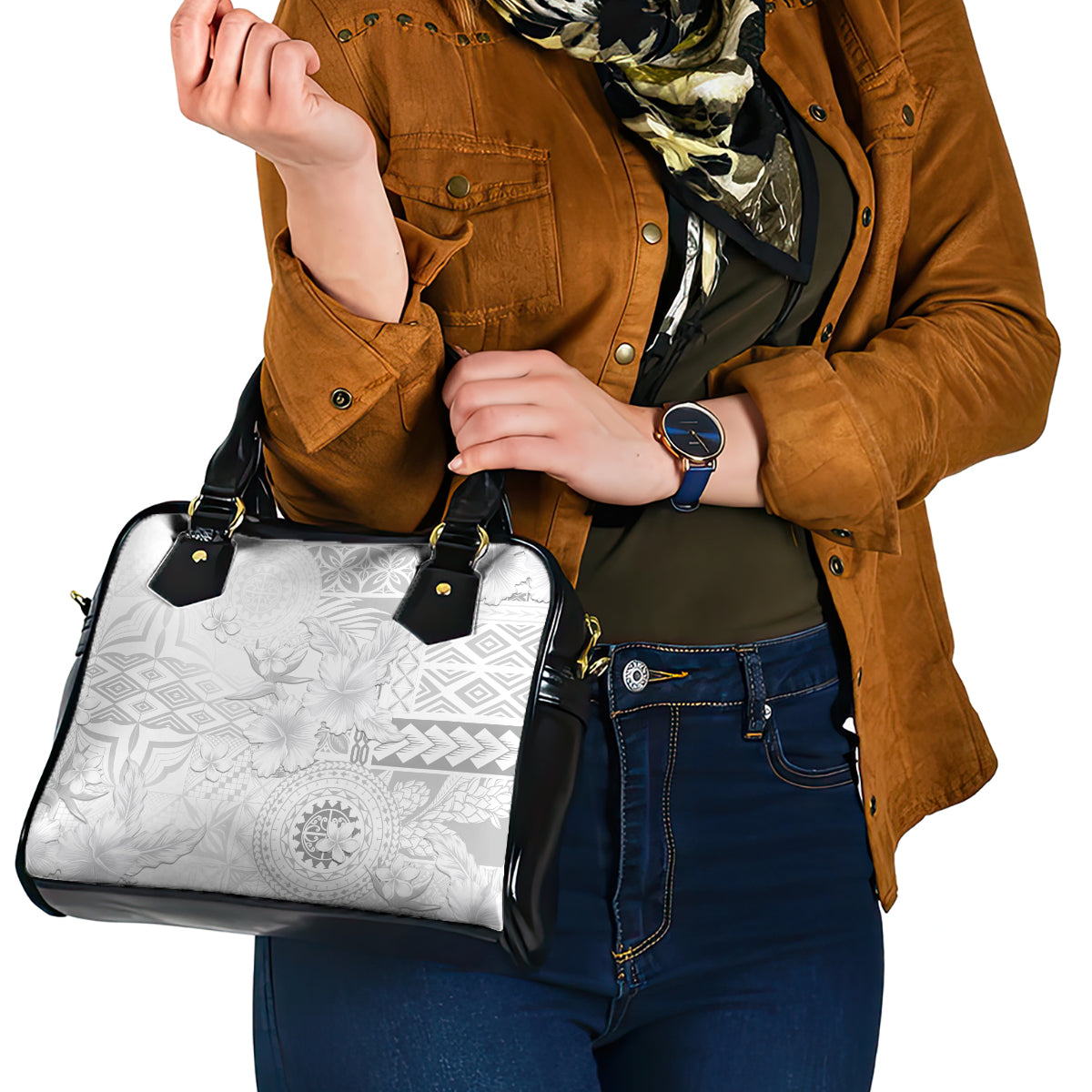 Samoa Siapo Pattern With White Hibiscus Shoulder Handbag
