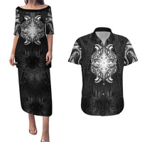 New Zealand Matariki Couples Matching Puletasi and Hawaiian Shirt Maori Moko Black Galaxy