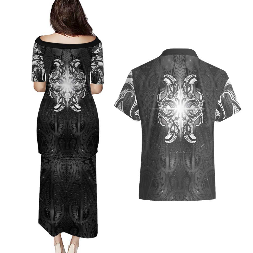 New Zealand Matariki Couples Matching Puletasi and Hawaiian Shirt Maori Moko Black Galaxy